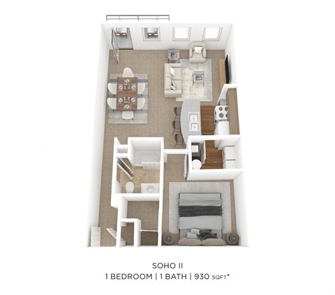 Floor plan for 1 bed, 1 bath, 930 sqft