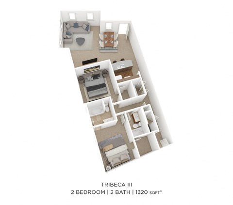 Floor plan for 2 beds, 2 baths, 1101 sqft