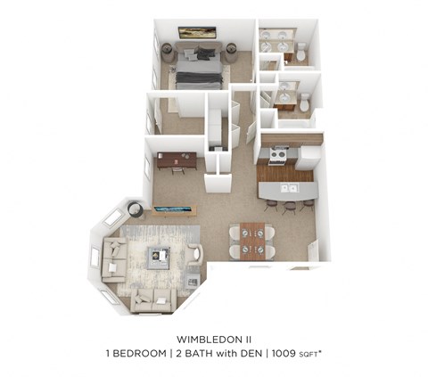 Floor plan for 1 bed, 2 baths, 1009 sqft