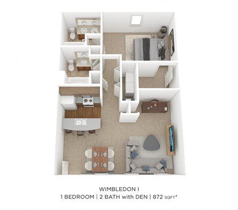 Floor plan for 1 bed, 2 baths, 872 sqft