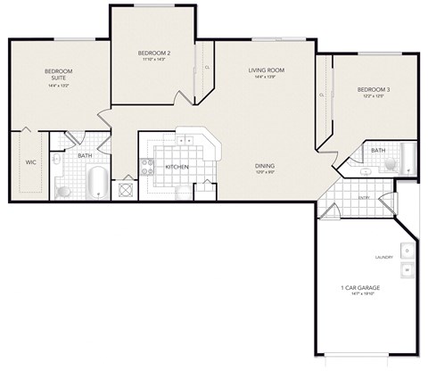 Floor plan for 3 beds, 2 baths, 1508 sqft