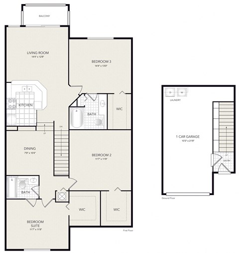 Floor plan for 3 beds, 2 baths, 1513 sqft