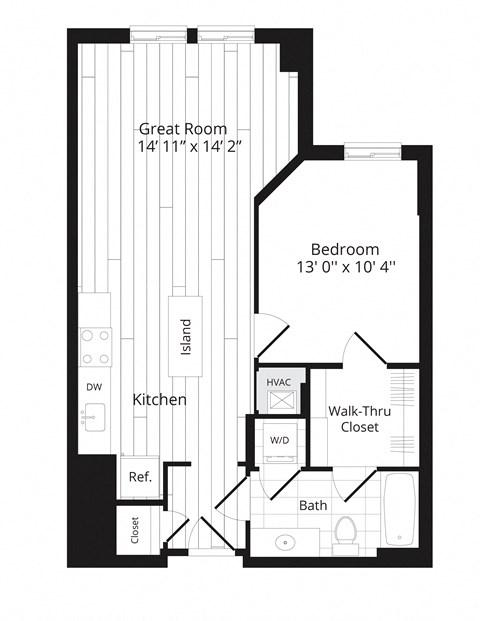 Floor plan for 1 bed, 1 bath, 674 sqft