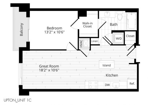 Floor plan for 1 bed, 1 bath, 672 sqft