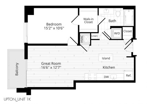 Floor plan for 1 bed, 1 bath, 724 sqft