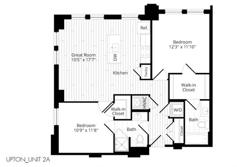 Floor plan for 2 beds, 2 baths, 937 sqft