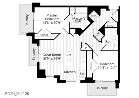 Floor plan for 2 beds, 2 baths, 985 sqft