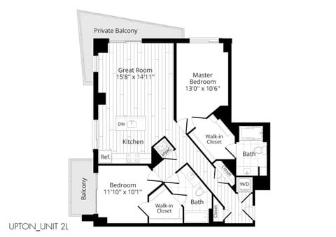 Floor plan for 2 beds, 2 baths, 1130 sqft