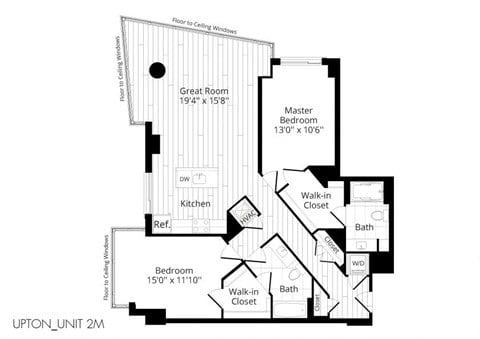 Floor plan for 2 beds, 2 baths, 1285 sqft
