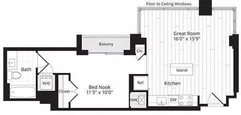 Floor plan for studio, 1 bath, 570 sqft