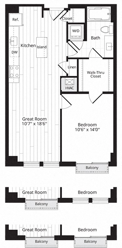 Floor plan for 1 bed, 1 bath, 702 sqft