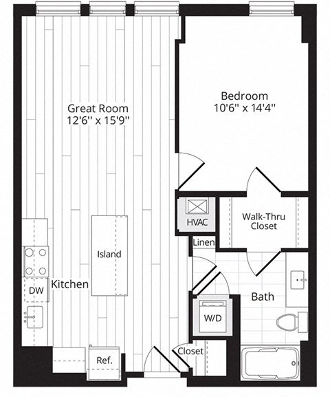 Floor plan for 1 bed, 1 bath, 716 sqft