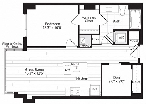 Floor plan for 1 bed, 1 bath, 757 sqft
