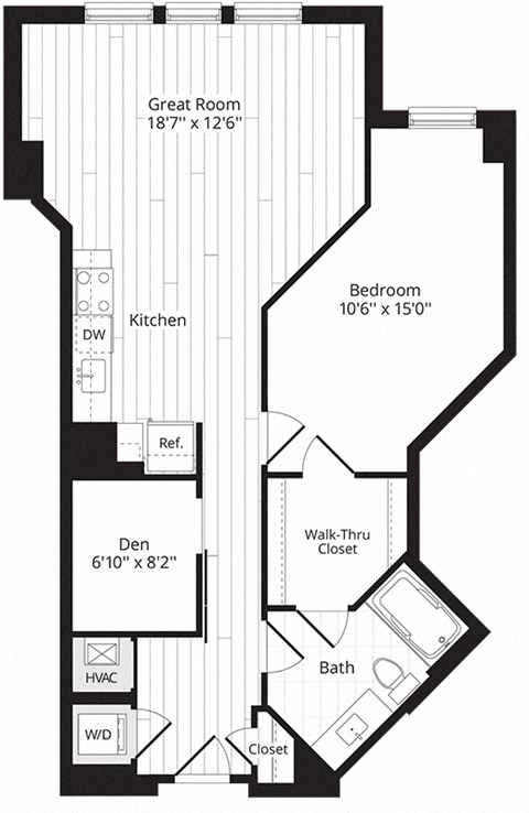 Floor plan for 1 bed, 1 bath, 858 sqft
