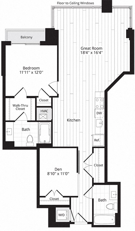 Floor plan for 1 bed, 2 baths, 1020 sqft