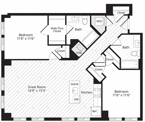 Floor plan for 2 beds, 2 baths, 1074 sqft