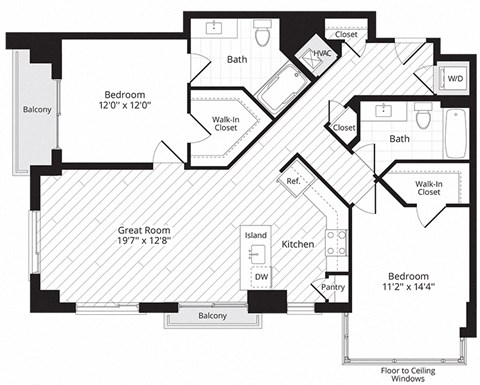 Floor plan for 2 beds, 2 baths, 1089 sqft