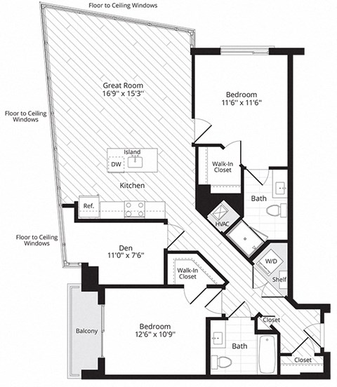Floor plan for 2 beds, 2 baths, 1152 sqft