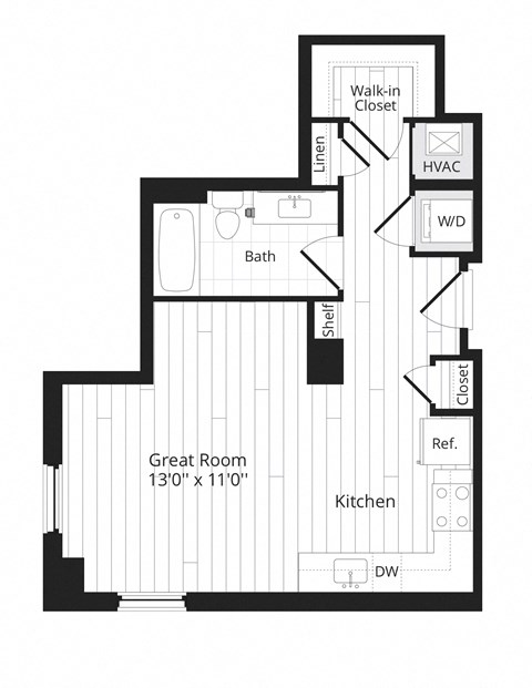 Floor plan for studio, 1 bath, 500 sqft
