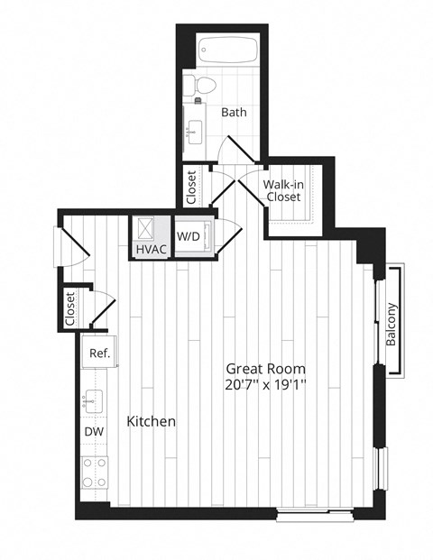 Floor plan for studio, 1 bath, 665 sqft