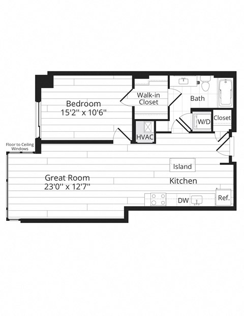Floor plan for 1 bed, 1 bath, 770 sqft