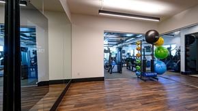 Surprise apartment for rent - a gym with weights and exercise equipment on a wooden floor