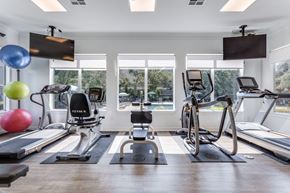 Austin apartment for rent - Front Fitness Center
2-BR Apartments In North Austin, TX - Sycamore Springs - Fitness Center Featuring Cardio Equipment, Exercise Balls, Mounted Monitors, And Large Windows With A View Of The Pool Area.