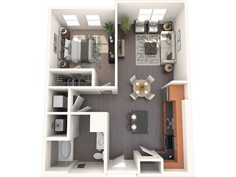 Floor plan for 1 bed, 1 bath, 775 sqft