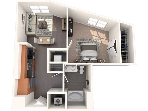 Floor plan for 1 bed, 1 bath, 683 sqft