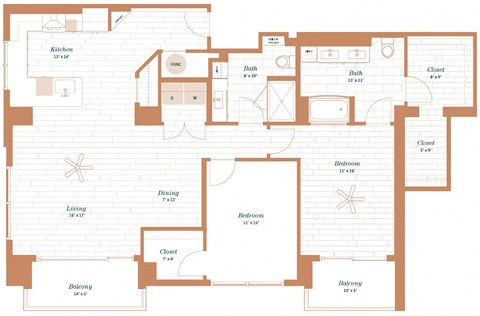 Floor plan for 2 beds, 2 baths, 1637 sqft