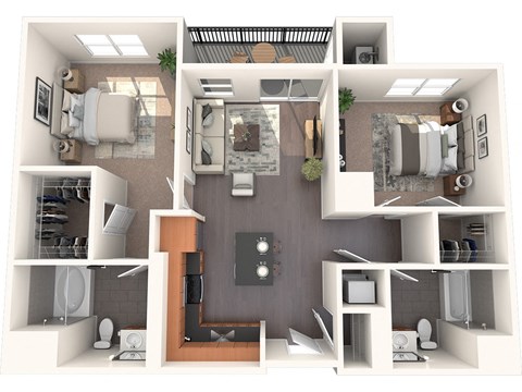 Floor plan for 2 beds, 2 baths, 1044 sqft
