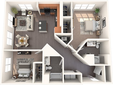 Floor plan for 2 beds, 2 baths, 1291 sqft
