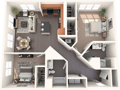 Floor plan for 2 beds, 2 baths, 1297 sqft
