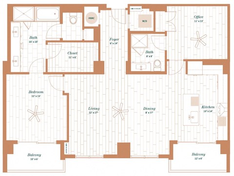 Floor plan for 1 bed, 1 bath, 1468 sqft