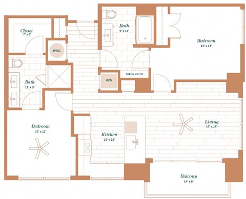 Floor plan for 2 beds, 2 baths, 1175 sqft