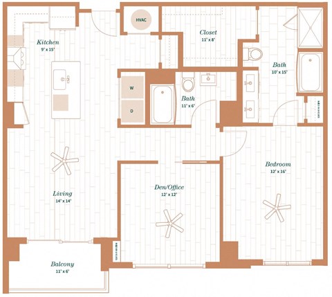 Floor plan for 1 bed, 1 bath, 1250 sqft