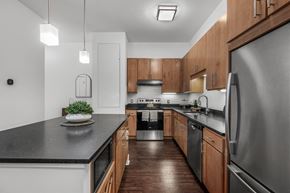 Cambridge apartment for rent - an expansive kitchen with stainless steel appliances and wooden cabinets