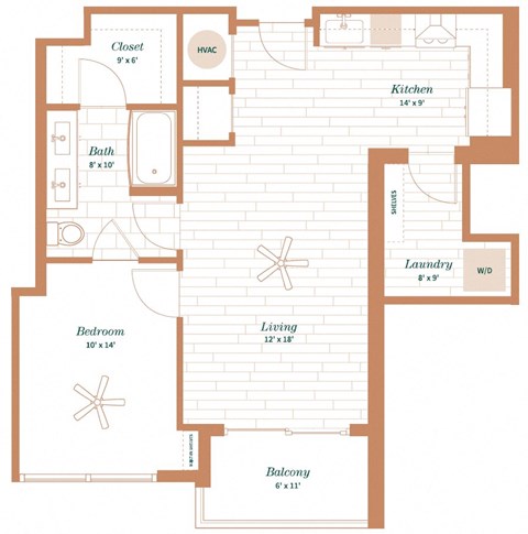 Floor plan for 1 bed, 1 bath, 804 sqft
