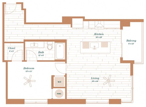 Floor plan for 1 bed, 1 bath, 919 sqft