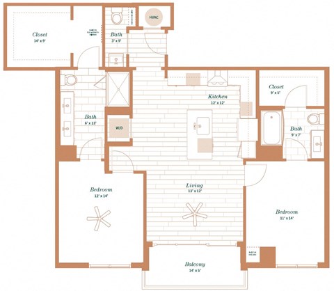 Floor plan for 2 beds, 2 baths, 1276 sqft