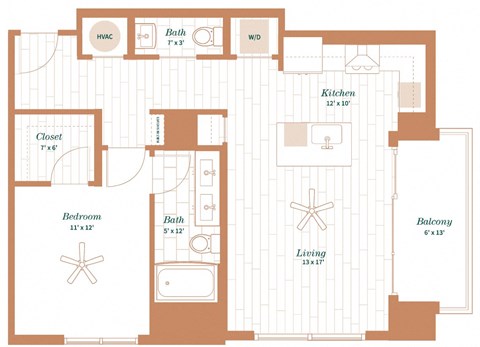 Floor plan for 1 bed, 1 bath, 844 sqft