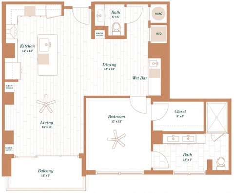 Floor plan for 1 bed, 1 bath, 1072 sqft