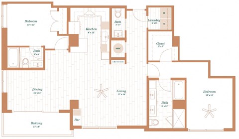 Floor plan for 2 beds, 2 baths, 1535 sqft