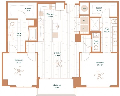 Floor plan for 2 beds, 2 baths, 1326 sqft