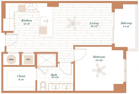 Floor plan for 1 bed, 1 bath, 735 sqft
