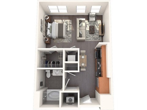 Floor plan for studio, 1 bath, 569 sqft