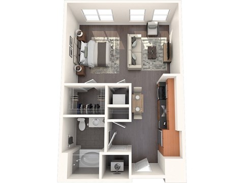 Floor plan for studio, 1 bath, 608 sqft
