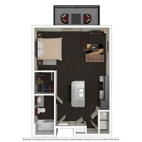 Floor plan for studio, 1 bath, 572 sqft