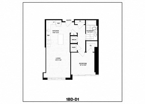 Floor plan for 1 bed, 1 bath, 673 sqft