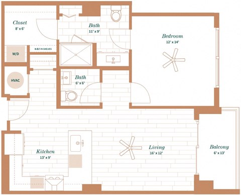 Floor plan for 1 bed, 1 bath, 869 sqft